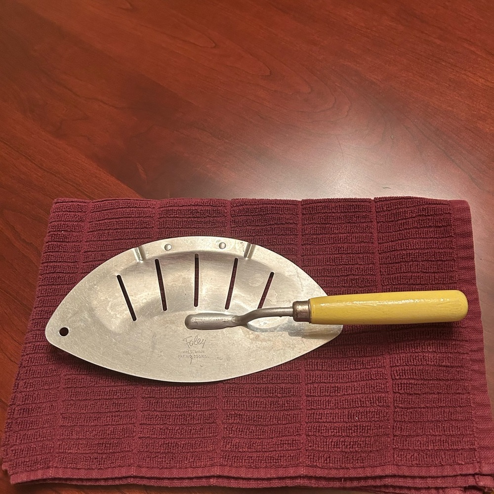 Vintage Foley Pot and Pan Strainer with Yellow wooden handle. No plastic!